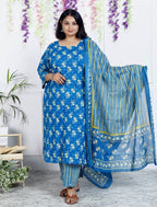 Plus Size  Blue Cotton Printed Kurta Pant Set with Dupatta-200039