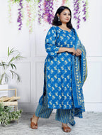 Plus Size  Blue Cotton Printed Kurta Pant Set with Dupatta-200039