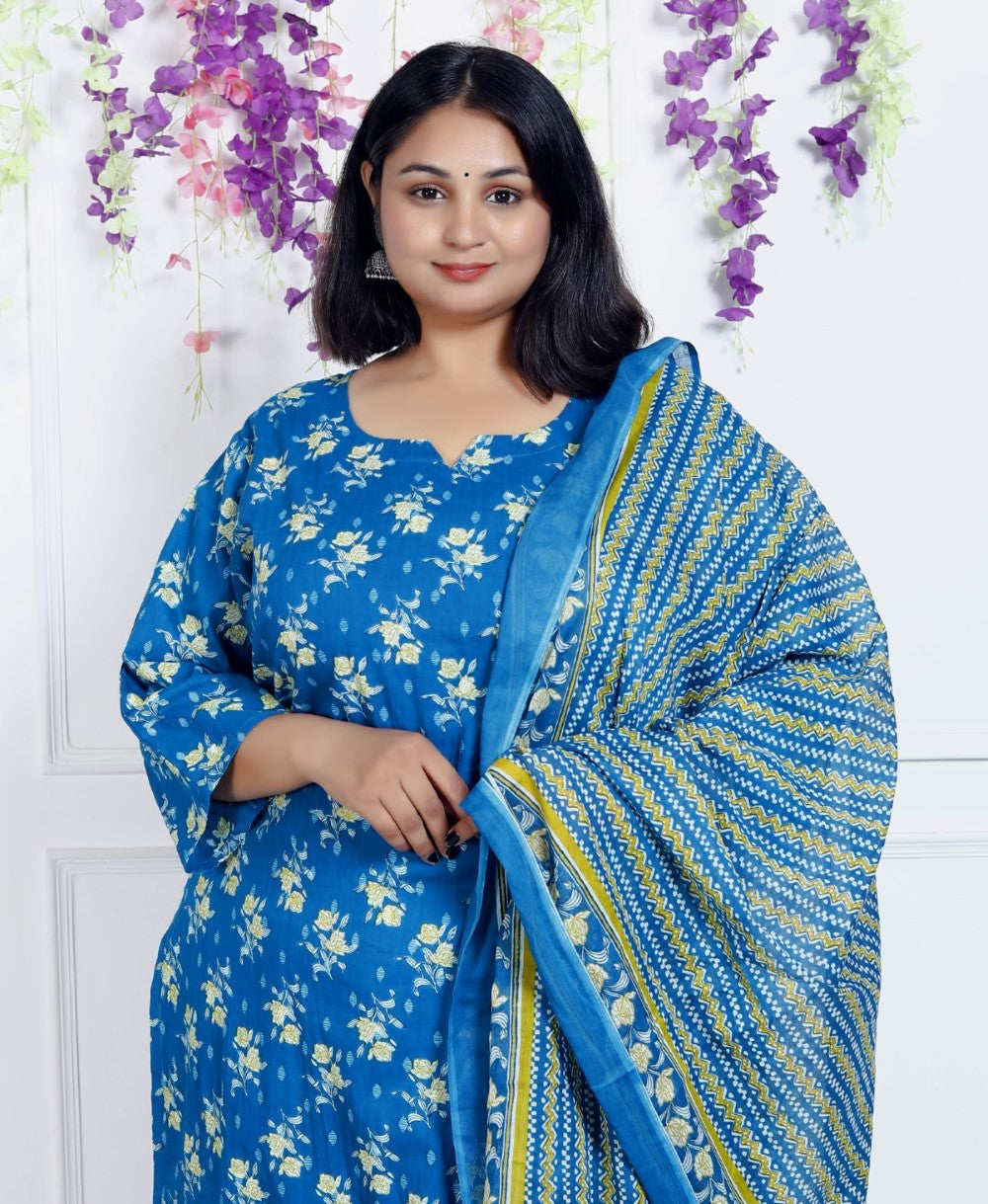 Plus Size  Blue Cotton Printed Kurta Pant Set with Dupatta-200039