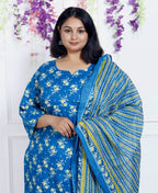 Plus Size  Blue Cotton Printed Kurta Pant Set with Dupatta-200039