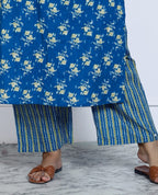 Plus Size  Blue Cotton Printed Kurta Pant Set with Dupatta-200039