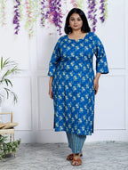 Plus Size  Blue Cotton Printed Kurta Pant Set with Dupatta-200039