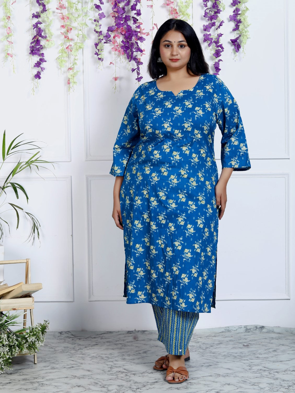 Plus Size  Blue Cotton Printed Kurta Pant Set with Dupatta-200039