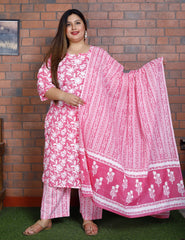 Plus Size Pink Cotton Printed Kurta Pant Set with Dupatta-200040
