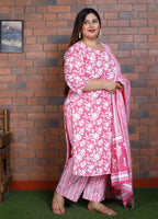 Plus Size Pink Cotton Printed Kurta Pant Set with Dupatta-200040