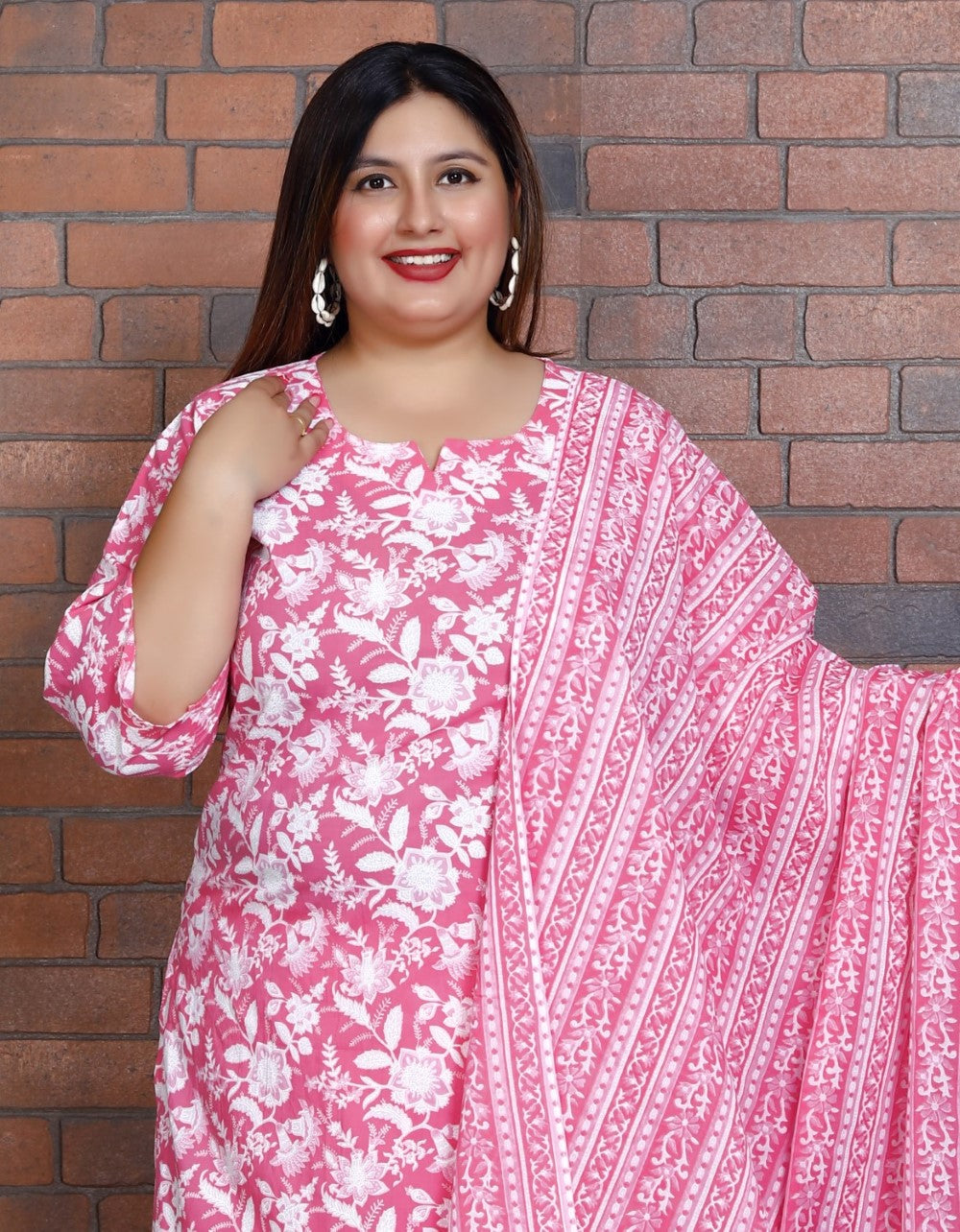 Plus Size Pink Cotton Printed Kurta Pant Set with Dupatta-200040