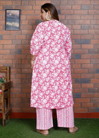 Plus Size Pink Cotton Printed Kurta Pant Set with Dupatta-200040