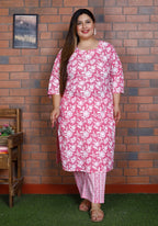 Plus Size Pink Cotton Printed Kurta Pant Set with Dupatta-200040