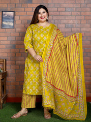 Plus Size Yellow Cotton Printed Kurta Pant Set with Dupatta-200041