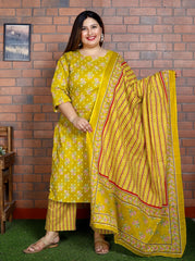 Plus Size Yellow Cotton Printed Kurta Pant Set with Dupatta-200041