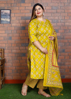 Plus Size Yellow Cotton Printed Kurta Pant Set with Dupatta-200041