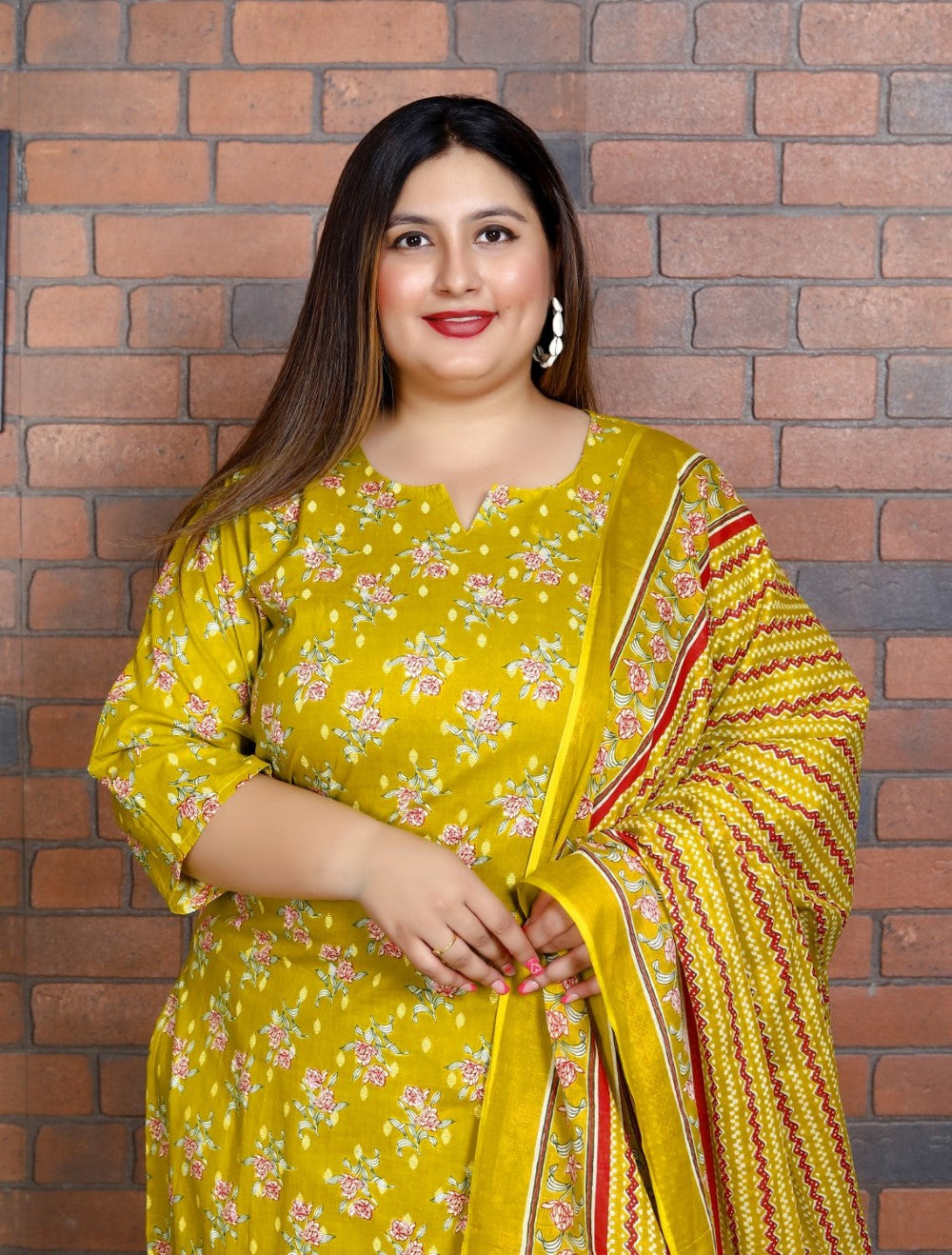 Plus Size Yellow Cotton Printed Kurta Pant Set with Dupatta-200041