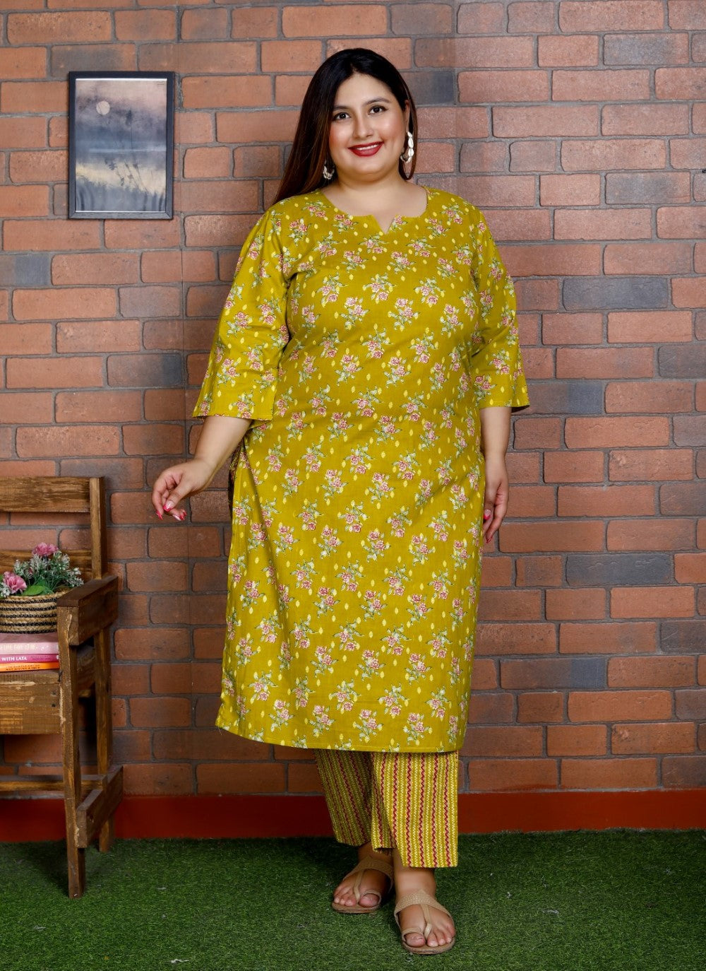 Plus Size Yellow Cotton Printed Kurta Pant Set with Dupatta-200041