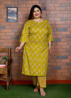 Plus Size Yellow Cotton Printed Kurta Pant Set with Dupatta-200041