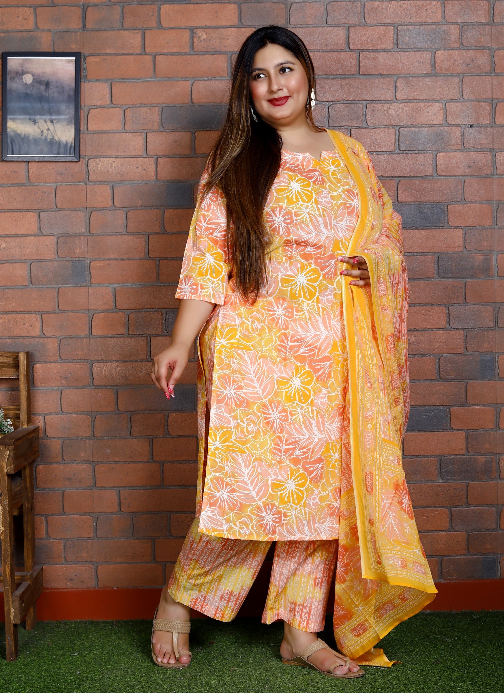 Plus Size Orange Cotton Printed Kurta Pant Set with Dupatta-200042