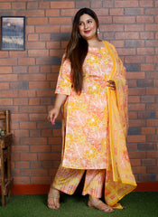 Plus Size Orange Cotton Printed Kurta Pant Set with Dupatta-200042