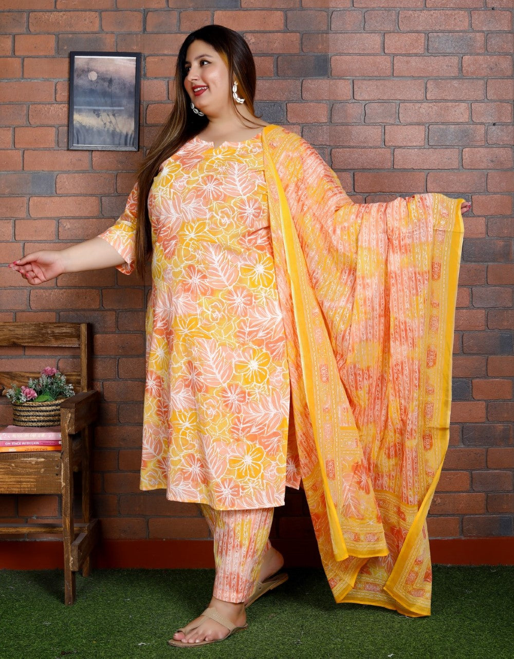 Plus Size Orange Cotton Printed Kurta Pant Set with Dupatta-200042