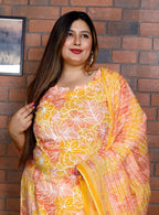 Plus Size Orange Cotton Printed Kurta Pant Set with Dupatta-200042