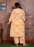 Plus Size Orange Cotton Printed Kurta Pant Set with Dupatta-200042