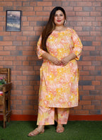 Plus Size Orange Cotton Printed Kurta Pant Set with Dupatta-200042