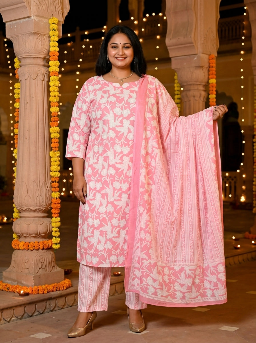 Plus Size Pink Cotton Printed Kurta Pant Set with Dupatta-200043