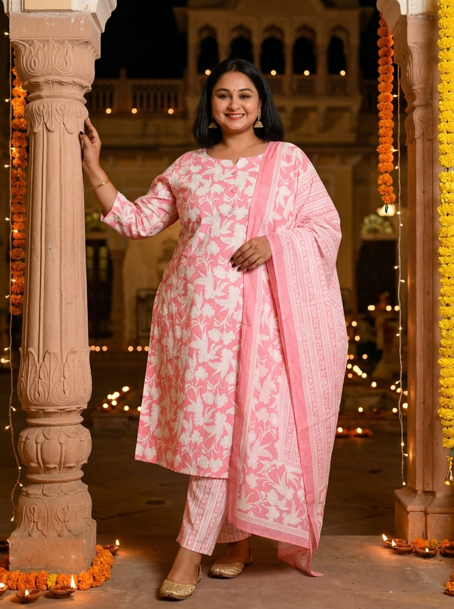 Plus Size Pink Cotton Printed Kurta Pant Set with Dupatta-200043