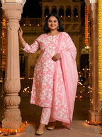 Plus Size Pink Cotton Printed Kurta Pant Set with Dupatta-200043