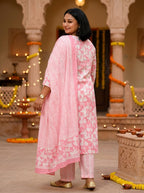 Plus Size Pink Cotton Printed Kurta Pant Set with Dupatta-200043