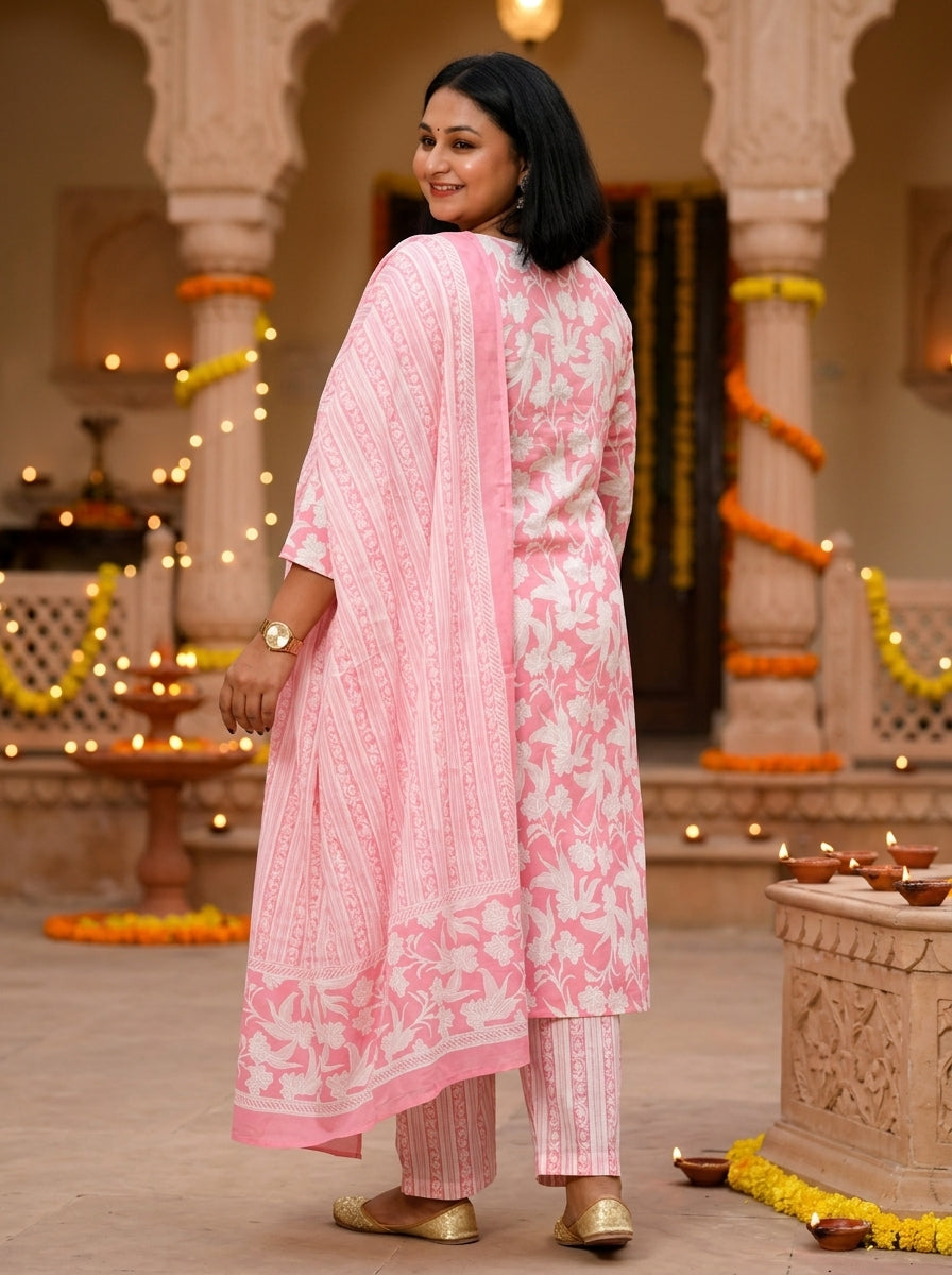 Plus Size Pink Cotton Printed Kurta Pant Set with Dupatta-200043