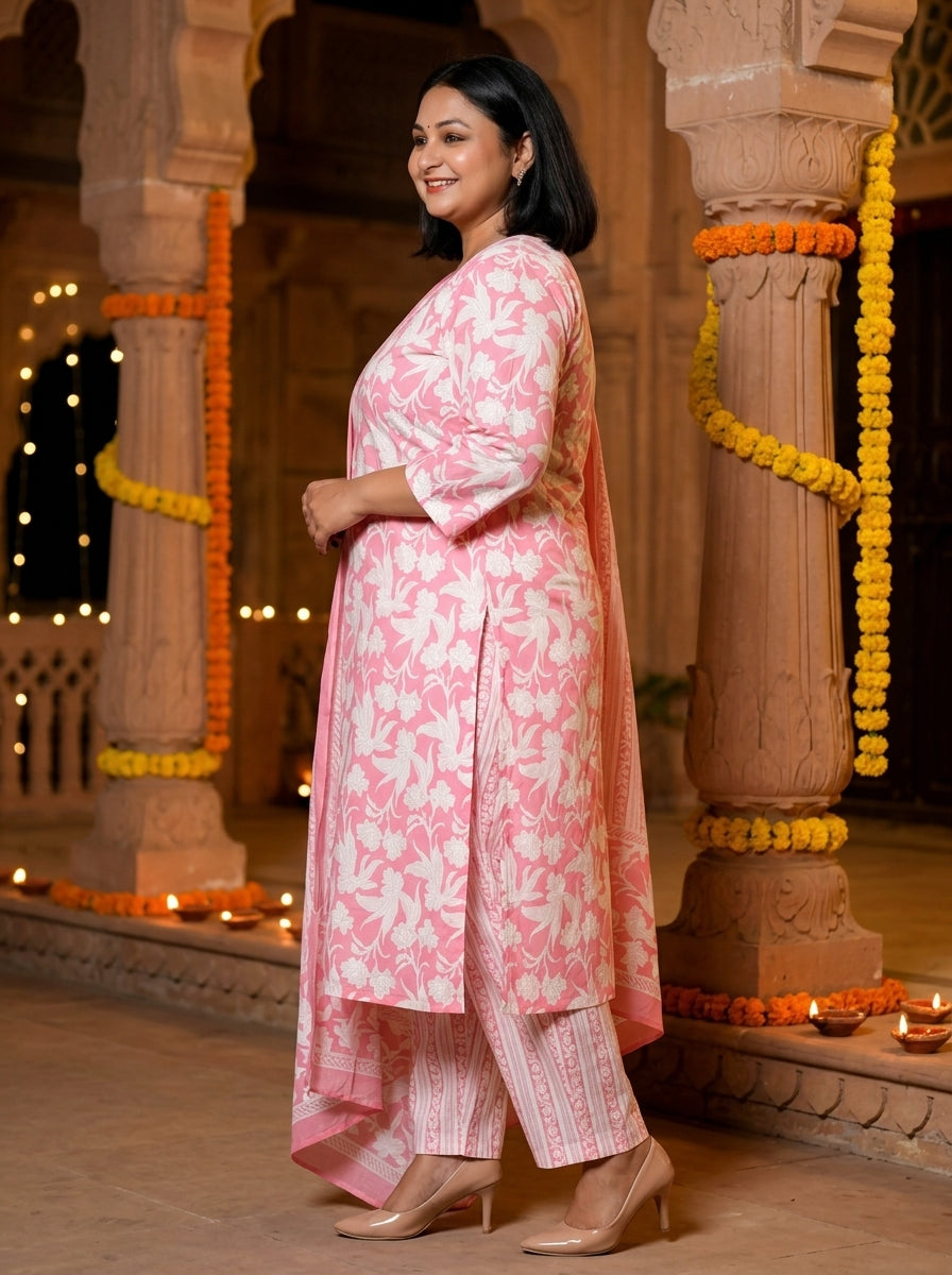Plus Size Pink Cotton Printed Kurta Pant Set with Dupatta-200043