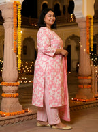 Plus Size Pink Cotton Printed Kurta Pant Set with Dupatta-200043