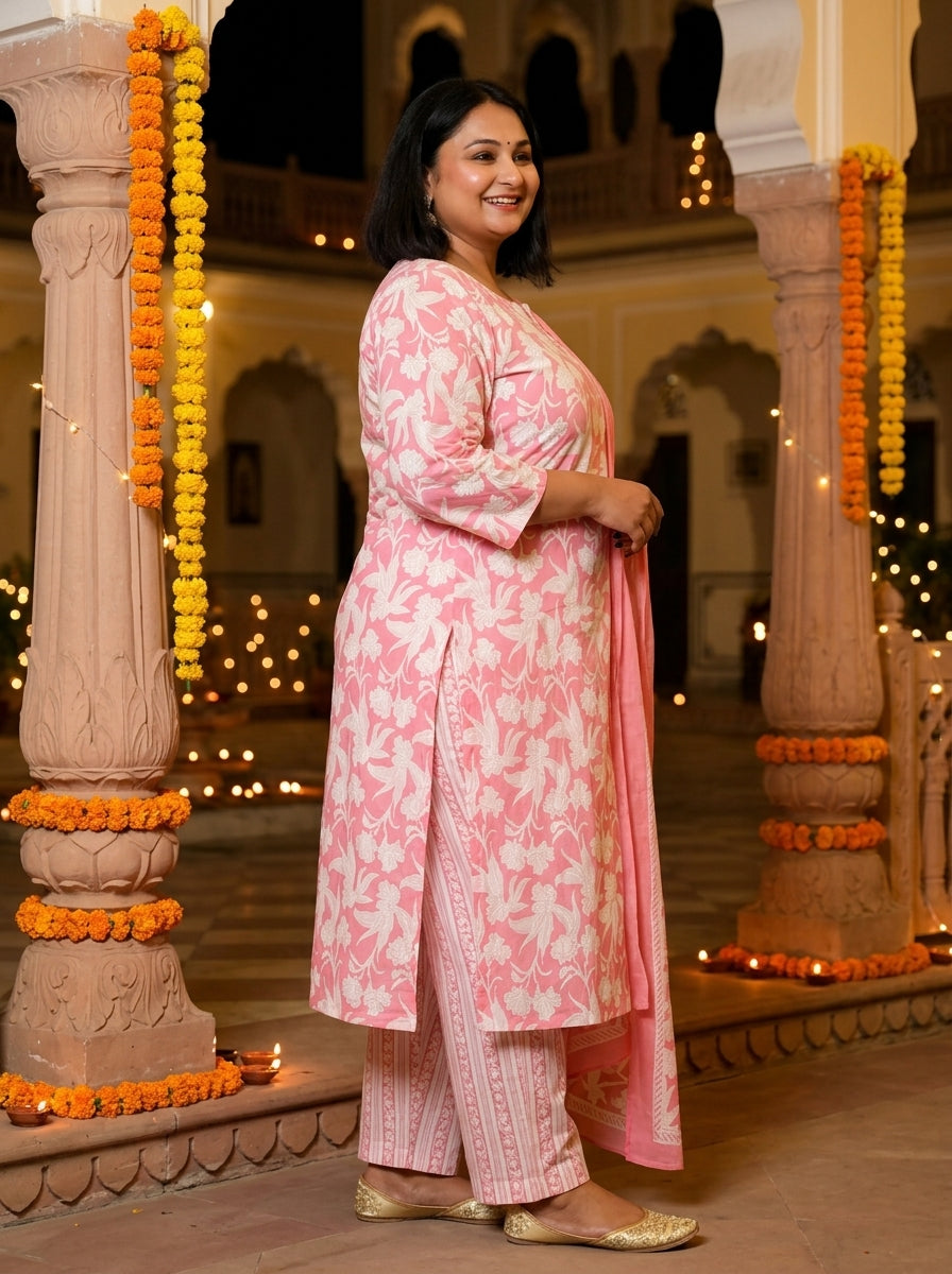 Plus Size Pink Cotton Printed Kurta Pant Set with Dupatta-200043