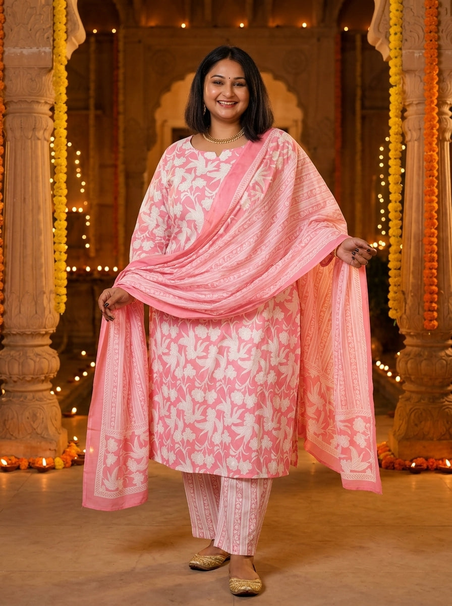 Plus Size Pink Cotton Printed Kurta Pant Set with Dupatta-200043