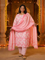 Plus Size Pink Cotton Printed Kurta Pant Set with Dupatta-200043