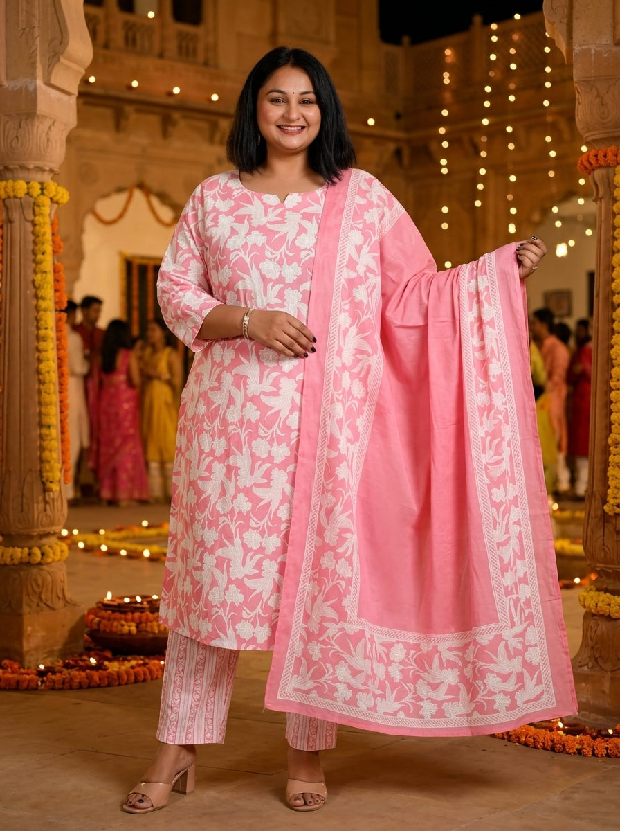 Plus Size Pink Cotton Printed Kurta Pant Set with Dupatta-200043