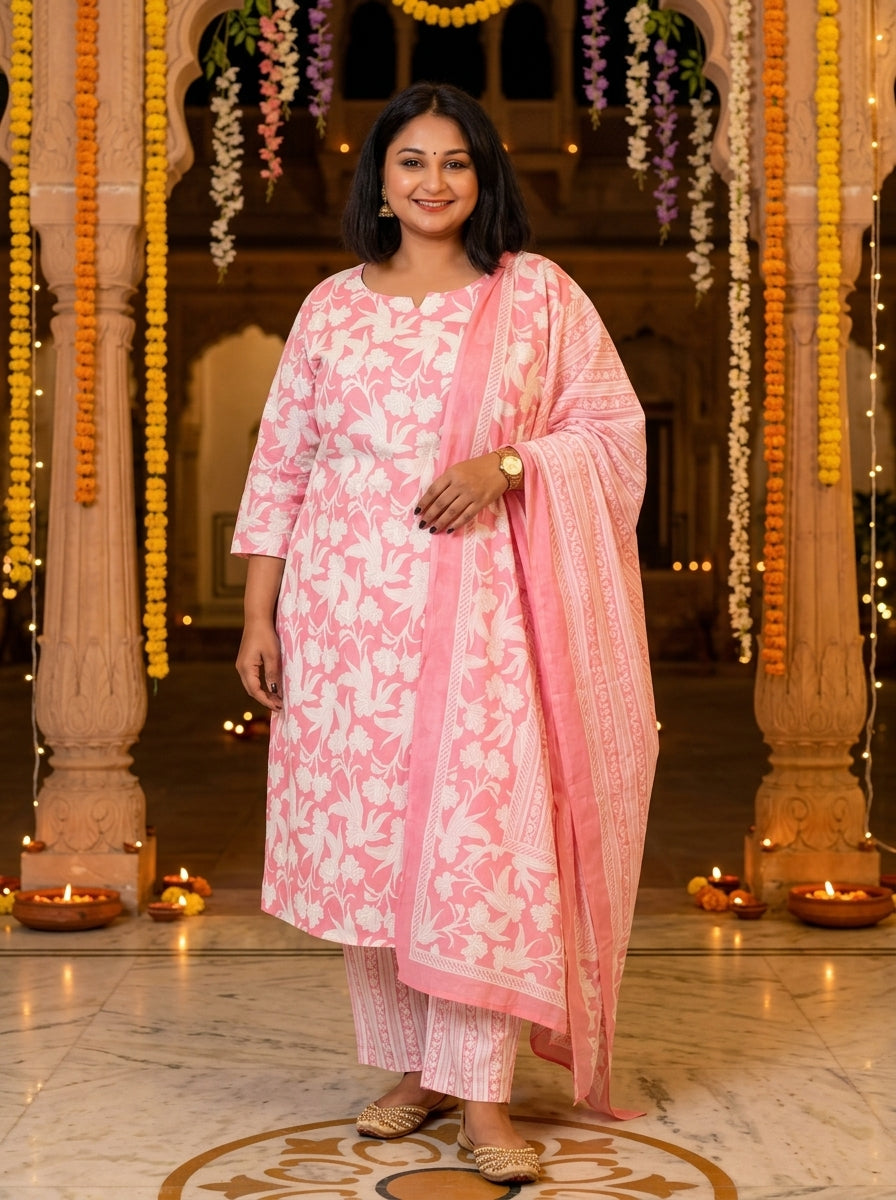 Plus Size Pink Cotton Printed Kurta Pant Set with Dupatta-200043