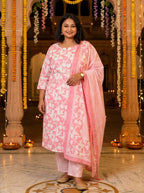 Plus Size Pink Cotton Printed Kurta Pant Set with Dupatta-200043