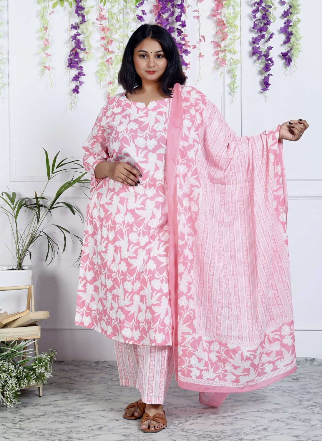 Plus Size Pink Cotton Printed Kurta Pant Set with Dupatta-200043 Main image