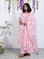 Plus Size Pink Cotton Printed Kurta Pant Set with Dupatta-200043