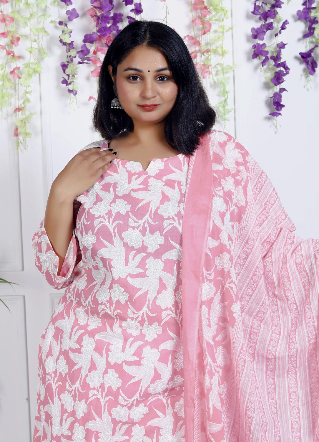 Plus Size Pink Cotton Printed Kurta Pant Set with Dupatta-200043