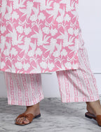 Plus Size Pink Cotton Printed Kurta Pant Set with Dupatta-200043