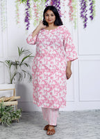 Plus Size Pink Cotton Printed Kurta Pant Set with Dupatta-200043