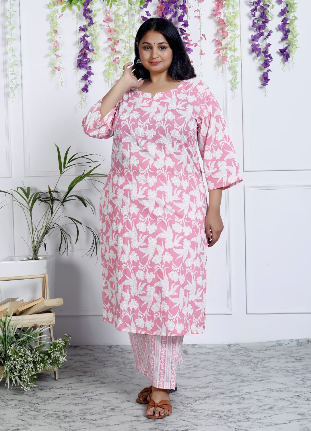 Plus Size Pink Cotton Printed Kurta Pant Set with Dupatta-200043