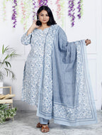 Plus Size Grey Cotton Printed Kurta Pant Set with Dupatta-200044