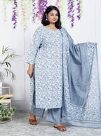 Plus Size Grey Cotton Printed Kurta Pant Set with Dupatta-200044