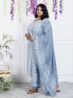 Plus Size Grey Cotton Printed Kurta Pant Set with Dupatta-200044