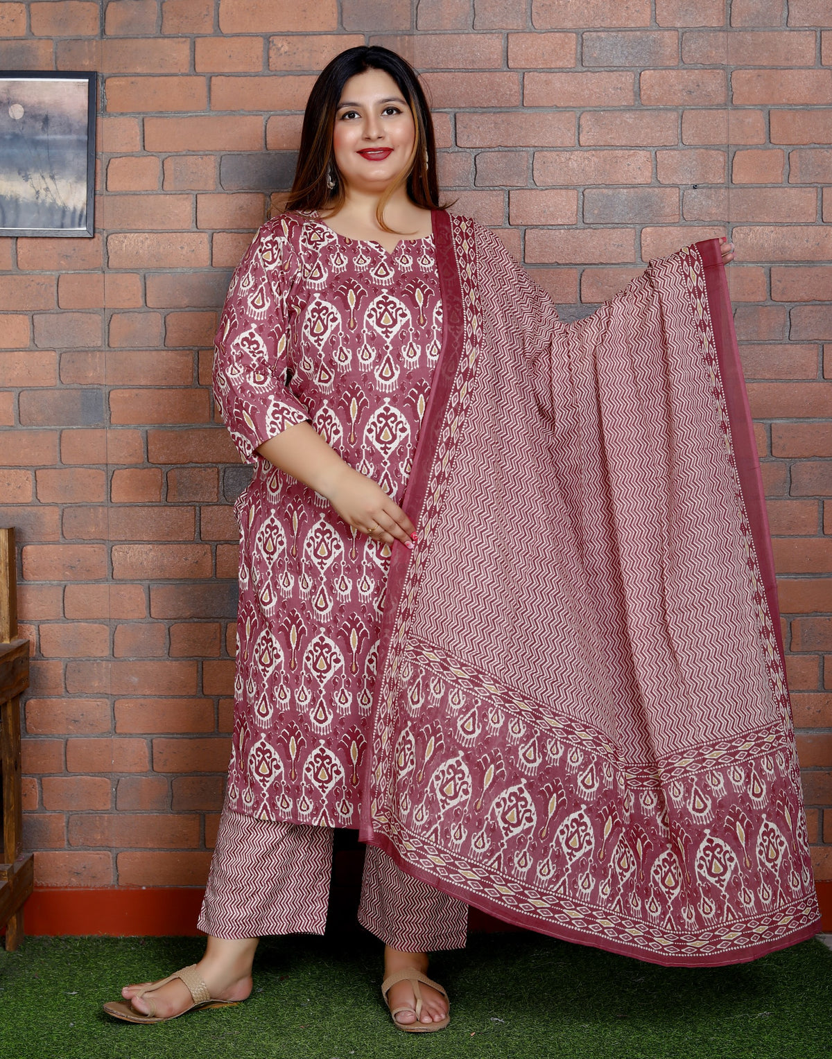 Plus Size Purple Cotton Printed Kurta Pant Set with Dupatta-200045