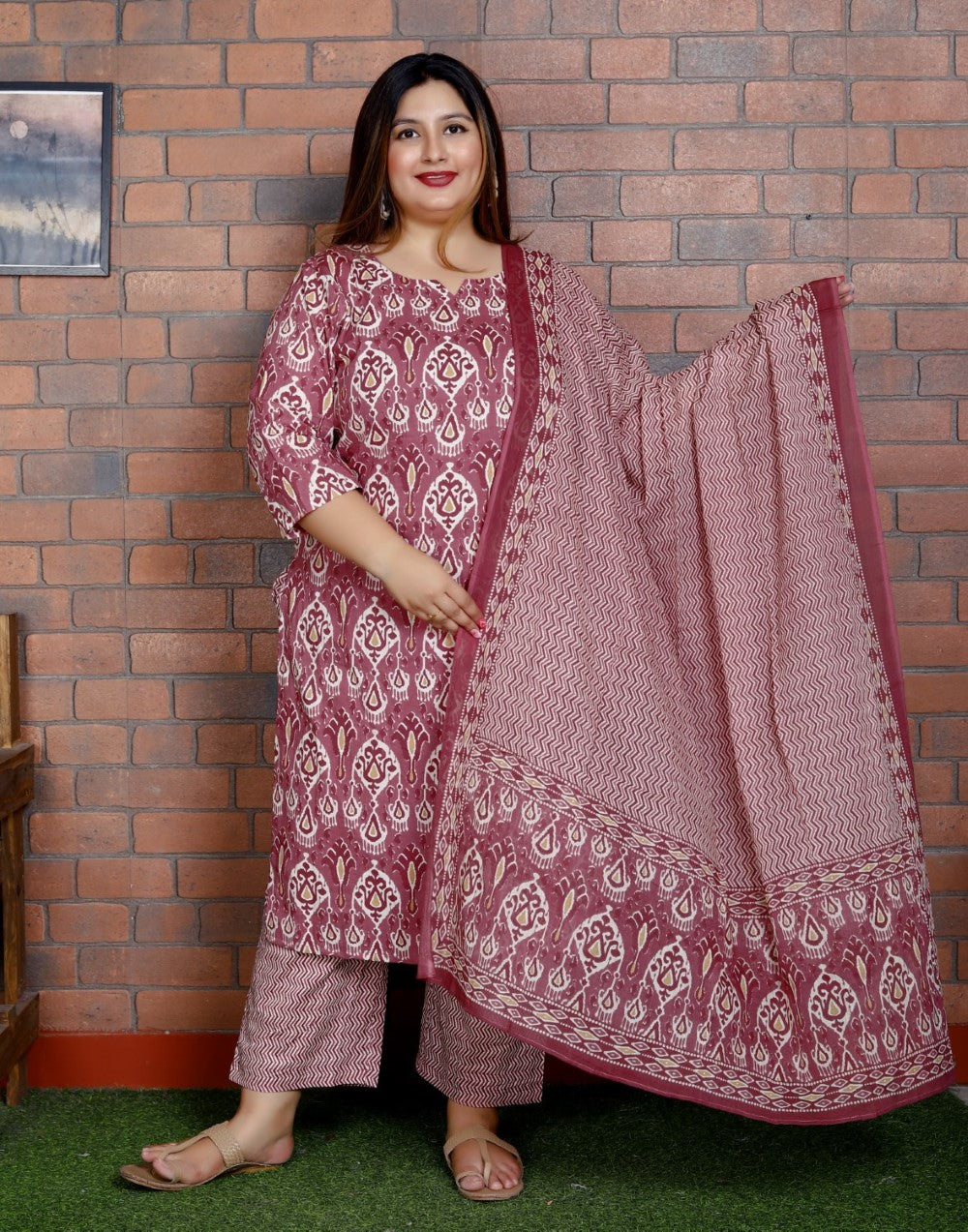 Plus Size Purple Cotton Printed Kurta Pant Set with Dupatta-200045 Main image