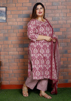 Plus Size Purple Cotton Printed Kurta Pant Set with Dupatta-200045