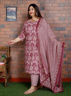 Plus Size Purple Cotton Printed Kurta Pant Set with Dupatta-200045